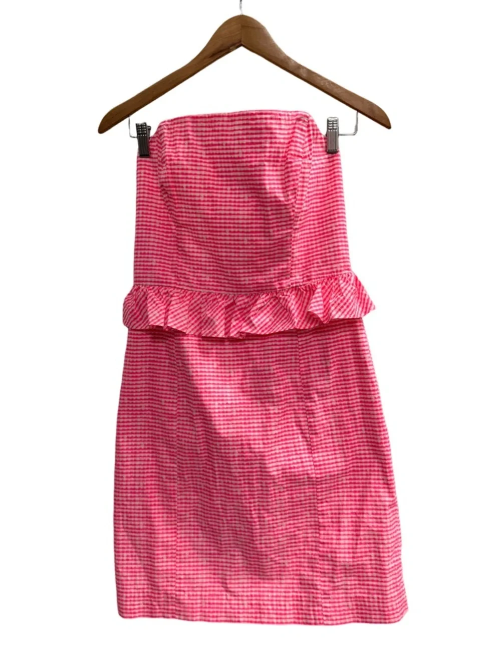 Lilly Pulitzer Lowe Strapless Dress Fiesta Pink Pretty Gingham Strapless Ruffle - Picture 2 of 6